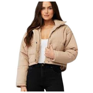 THE FIFTH LABEL Cropped Puffer Jacket Coat Long Sleeve Tan Beige EUC Small 4-6